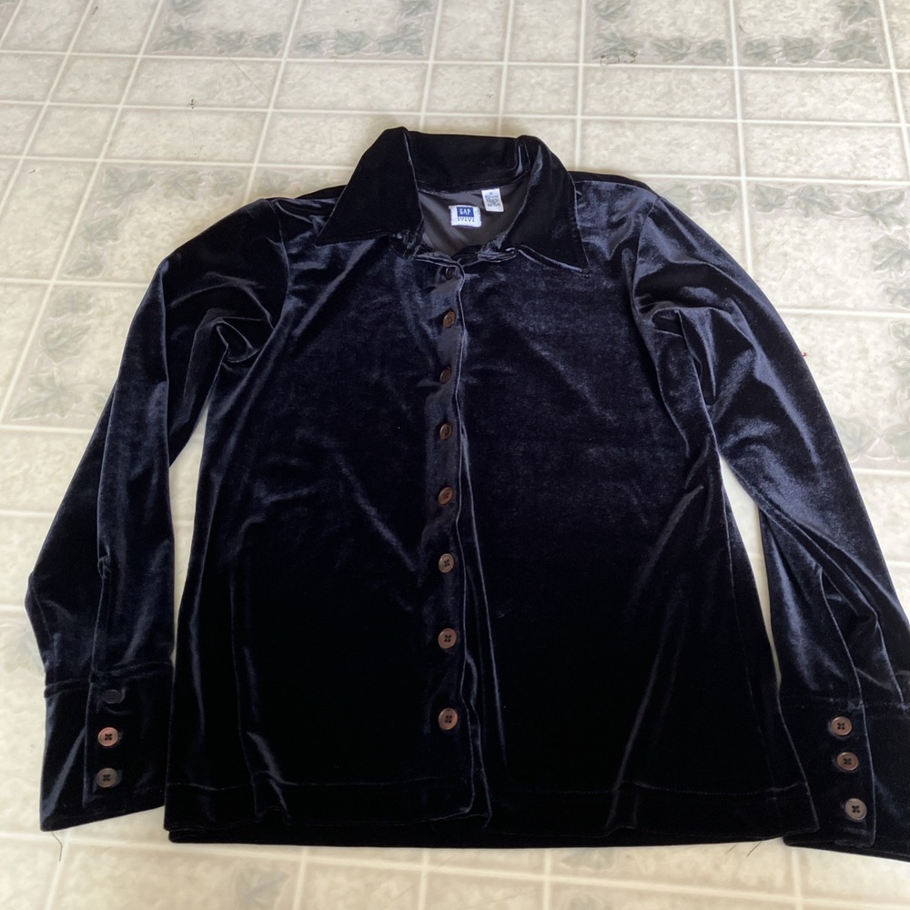 Y2K Gap Factory Black Velvet Whimsigoth Button Up Shirt Small Stretch Goth 90's